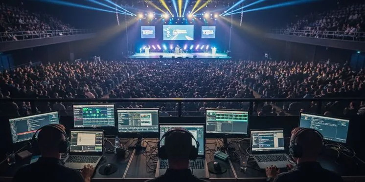 A corporate event stage with front-of-house control positions