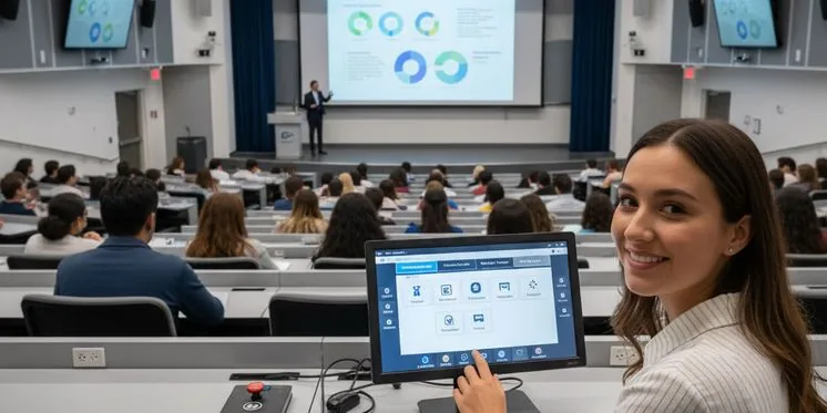 A lecture theatre with campus AV control on a tablet