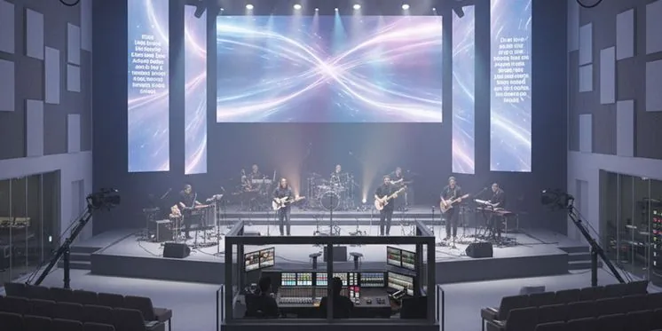A worship venue with lighting, projection and audio cued together