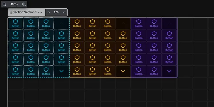 A Buttons control surface organised into scrollable sections