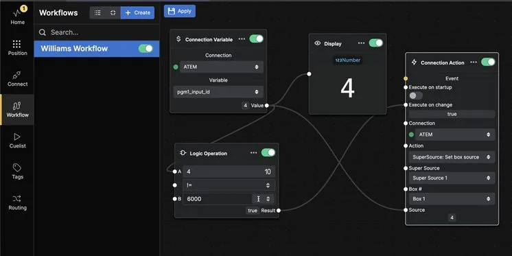 The Buttons visual workflow editor, with logic nodes on a canvas