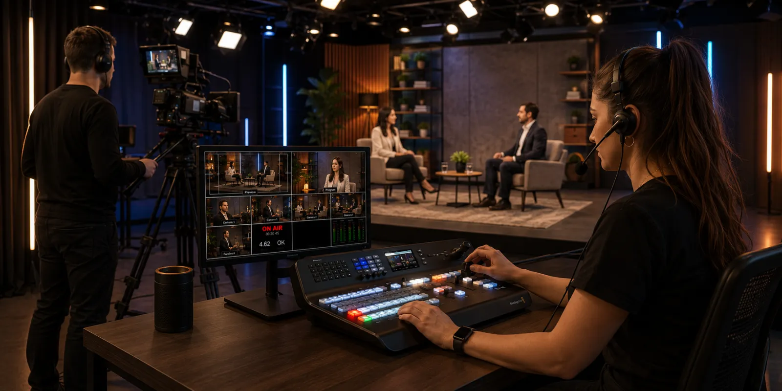 Operator switching a live show on an ATEM panel