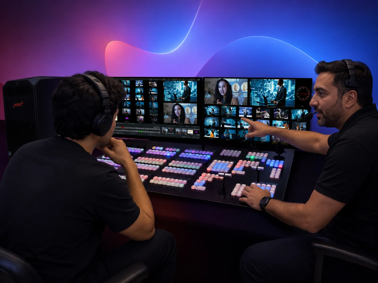Two operators at a TriCaster control surface