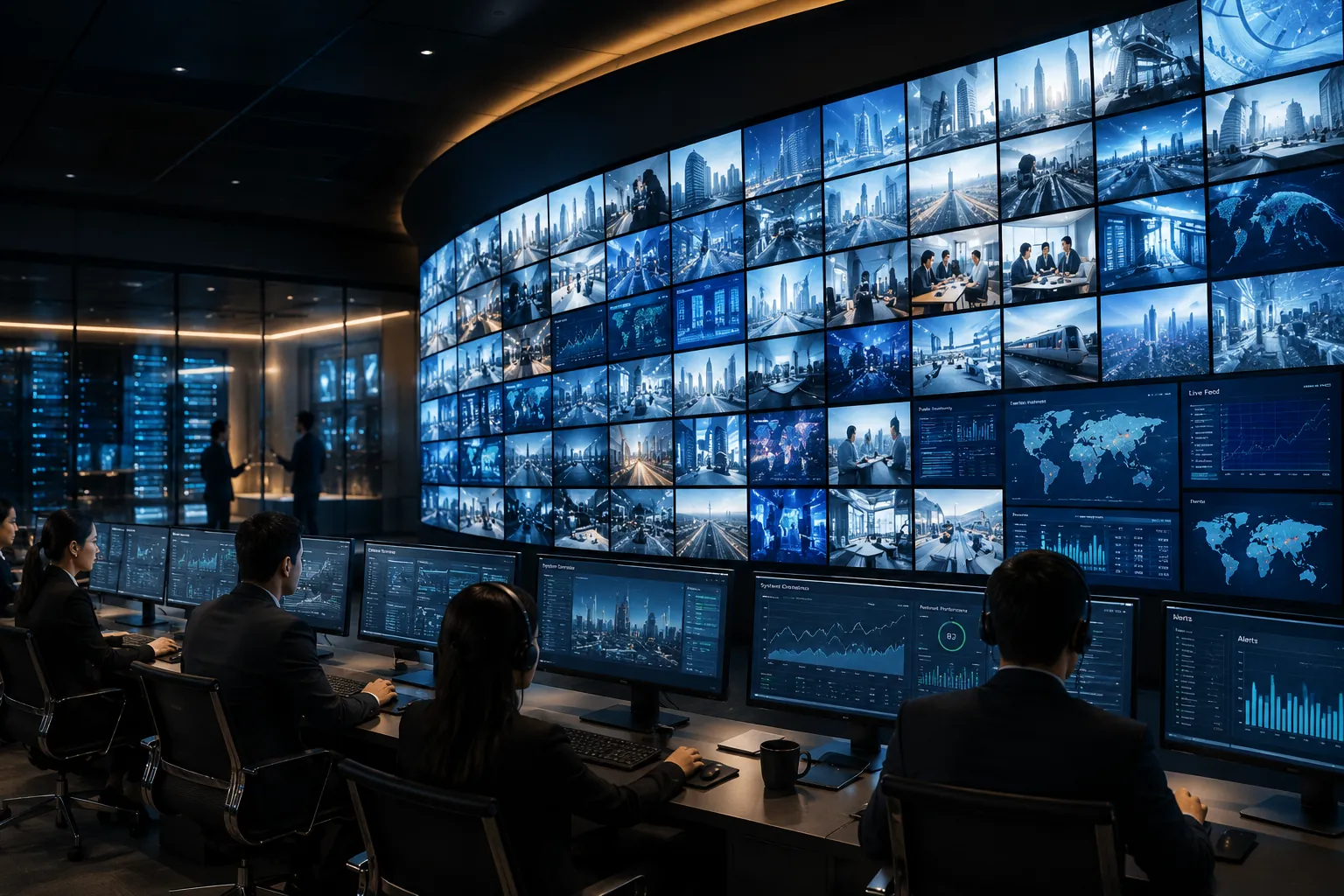 Operators monitoring a large multi-screen video wall in a broadcast control room