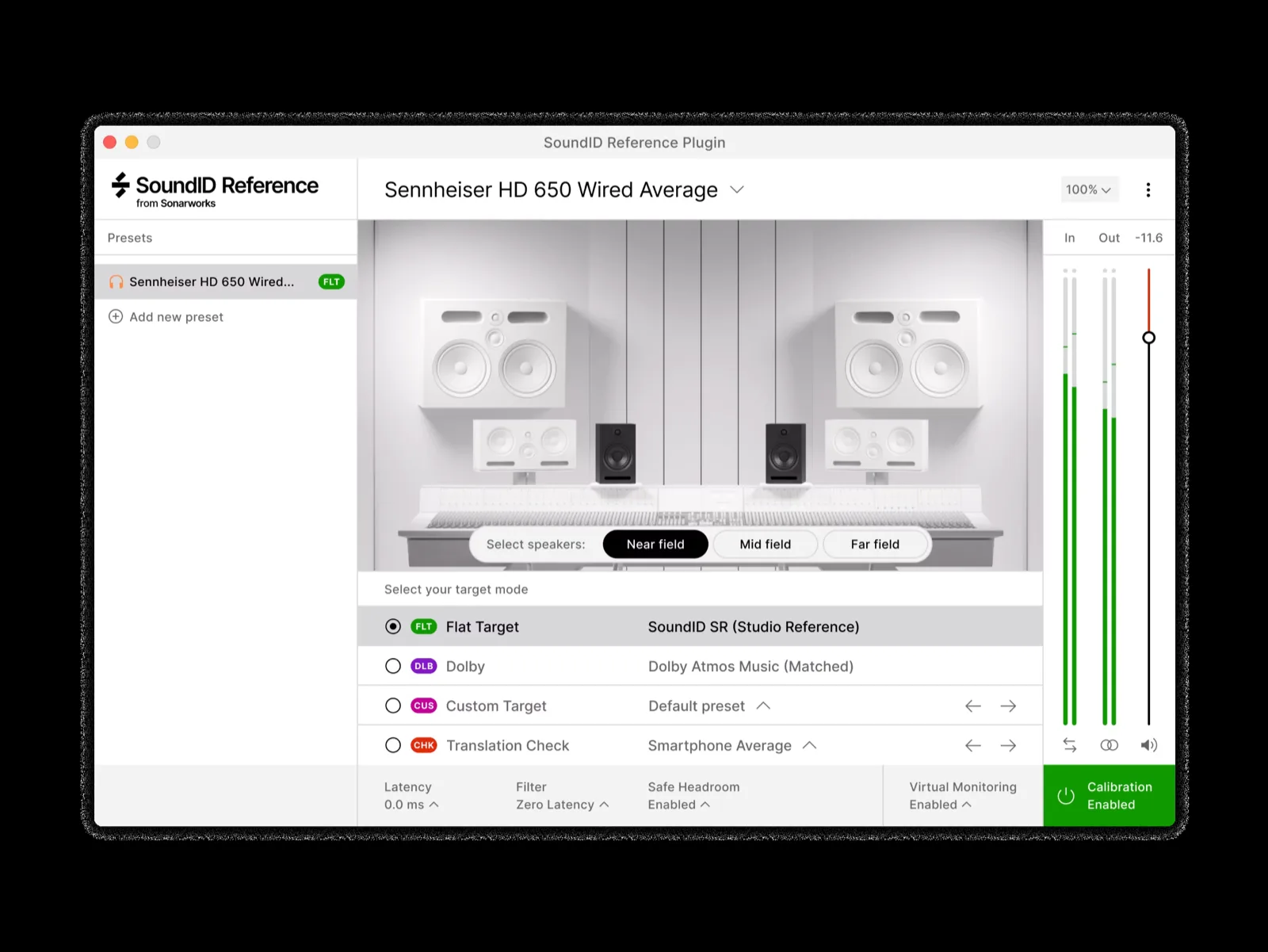 SoundID VirtualMonitoring showing near, mid and far field speaker selection